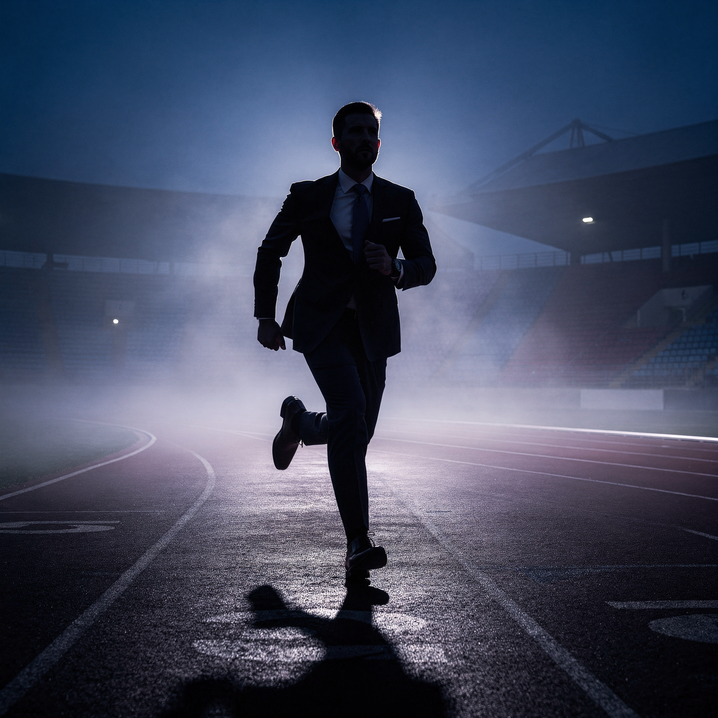 Executivo correndo em uma pista, conectando carreira e corrida